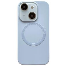 Per iPhone 15 Custodia per telefono in silicone MagSafe con lente in vetro acrilico e finestra piccola (blu Sierra)