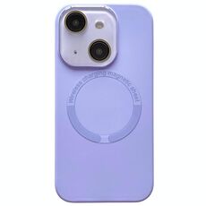 Per iPhone 15 Custodia per telefono in silicone MagSafe con lente in vetro acrilico e finestra piccola (viola)