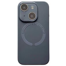 Per iPhone 15 Custodia per telefono in silicone MagSafe con lente in vetro acrilico e finestra piccola (nero carbonio)