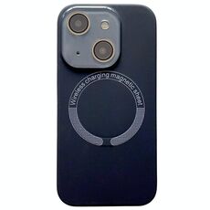 Per iPhone 15 Custodia per telefono in silicone MagSafe con lente in vetro acrilico e finestra piccola (nero)