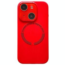 Per iPhone 14 Custodia per telefono in silicone MagSafe con lente in vetro acrilico e finestra piccola (rosso)
