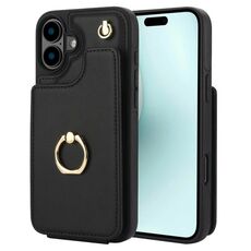 Per iPhone 16 Plus YM005 Custodia per telefono con custodia per carte di credito e cordino lungo (nero)