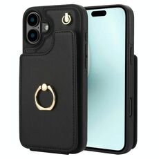 Per iPhone 16 YM005 Custodia per telefono con custodia per carte di credito e cordino lungo (nero)