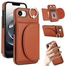 Per iPhone 16e YM007 Custodia per telefono con anello e porta carte (marrone)