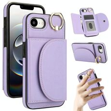 Per iPhone 16e YM007 Custodia per telefono con anello e porta carte, effetto pelle (viola)