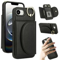 Per iPhone 16e YM007 Custodia per telefono con anello e porta carte (nero)