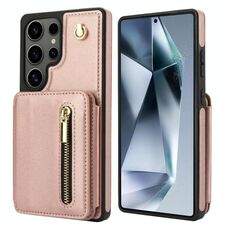 Per Samsung Galaxy S25 Ultra 5G YM006 Custodia per telefono con cerniera e doppia cordicella (oro rosa)