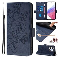 Custodia in pelle antifurto RFID con motivo a rose in rilievo per Honor 400 Lite (blu scuro)