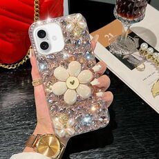 Per iPhone 16 Plus Custodia per telefono PC con supporto a forma di girasole e diamanti incastonati (rosa)