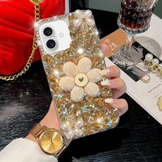 Per iPhone 16 Plus Custodia per telefono PC con supporto a forma di girasole e diamanti incastonati (oro)