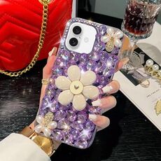 Per iPhone 16 Plus Supporto Girasole Custodia per PC con Diamanti incastonati a Mano (Viola)