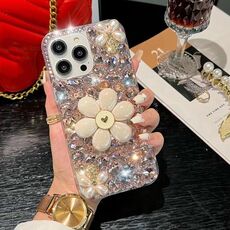 Per iPhone 16 Pro Custodia per telefono PC con supporto a forma di girasole e diamanti incastonati (rosa)