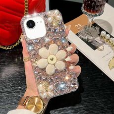 Per iPhone 16e Custodia per telefono PC con supporto per girasole e diamanti incastonati (rosa)