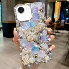 Per iPhone 16e Custodia per telefono in PC con diamanti incastonati a mano in perle (blu)
