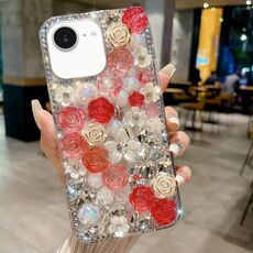 Per iPhone 16e Custodia per telefono in PC con diamanti incastonati a mano in perle (rosso)