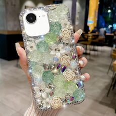 Per iPhone 16e Custodia per telefono in PC con diamanti incastonati a mano in perle rosa (verde)