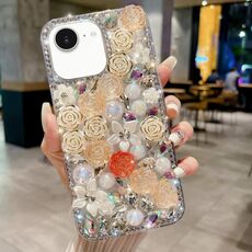 Per iPhone 16e Custodia per telefono in PC con diamanti incastonati a mano in perle rosa (albicocca)