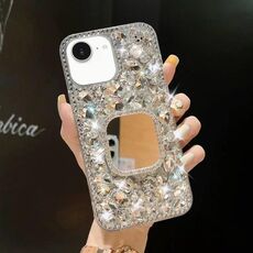 Per iPhone 16e Custodia per telefono PC con strass scintillanti fatti a mano e specchio (quadrato grigio argento)