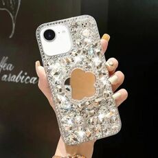 Per iPhone 16e Custodia per telefono PC con strass scintillanti fatti a mano e specchio (fiore grigio argento)
