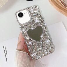 Per iPhone 16e Custodia per telefono PC con strass scintillanti fatti a mano e specchio (amore grigio argento)