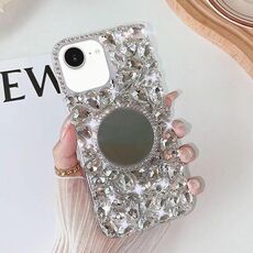 Per iPhone 16e Custodia per telefono PC con strass scintillanti fatti a mano e specchio (argento grigio rotondo)