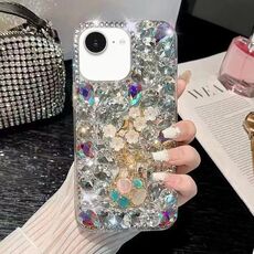 Per iPhone 16e Custodia per telefono in PC con intarsi in diamanti fatti a mano con fiori di prugna (bianco)