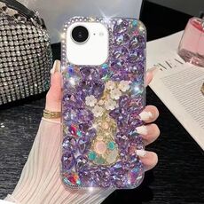 Per iPhone 16e Custodia per telefono in PC con intarsi in diamanti fatti a mano con fiore di prugna (viola)