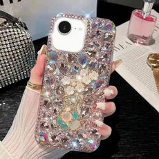 Per iPhone 16e Custodia per telefono in PC con intarsi in diamanti fatti a mano con motivo a fiori di prugna (rosa)