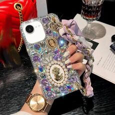 Per iPhone 16e Custodia per telefono PC con bracciale con sciarpa e pietre preziose viola con diamanti fatti a mano (bianco)