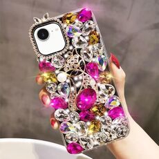 Per iPhone 16e Custodia per telefono in PC con volpe e strass Bling fatta a mano (viola)