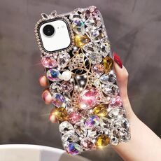 Per iPhone 16e Custodia per telefono in PC con strass scintillanti fatti a mano e pietre preziose Fox (rosa)