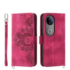 Per vivo V50 Custodia in pelle con motivo floreale in rilievo (rosso vino)