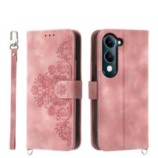 Per vivo Y29s 5G / Y04 4G Custodia in pelle con motivo floreale in rilievo (rosa)