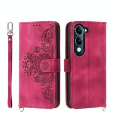 Per vivo Y29s 5G / Y04 4G Custodia in pelle con motivo floreale in rilievo (rosso vino)