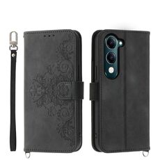 Per vivo Y29s 5G / Y04 4G Custodia in pelle con motivo floreale in rilievo (nero)