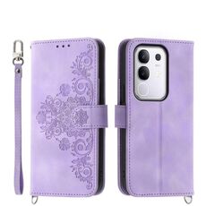 Per vivo Y29 4G Custodia in pelle con motivo floreale in rilievo (viola)