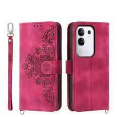 Per vivo Y29 4G Custodia in pelle con motivo a fiori in rilievo (rosso vino)