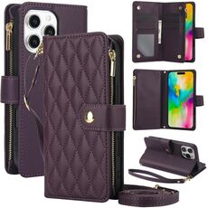 Per iPhone 16 Pro Max YM016 Custodia per telefono in pelle con cerniera rombica e cordino (viola scuro)