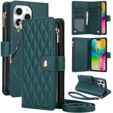 Per iPhone 16 Pro Max YM016 Custodia per telefono in pelle con cerniera rombica e cordino (verde)
