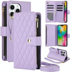 Per iPhone 16 Pro Max YM016 Custodia per telefono in pelle con cerniera rombica e cordino (viola chiaro)