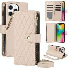 Per iPhone 16 Pro Max YM016 Custodia per telefono in pelle con cerniera rombica e cordino (albicocca)