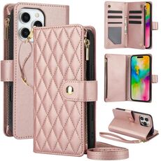 Per iPhone 16 Pro Max YM016 Custodia per telefono in pelle con cerniera rombica e cordino (oro rosa)