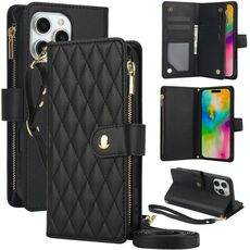 Per iPhone 16 Pro Max YM016 Custodia per telefono in pelle con cerniera rombica e cordino (nero)