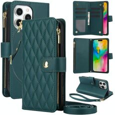 Per iPhone 16 Pro YM016 Custodia per telefono in pelle con cerniera rombica e cordino (verde)