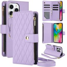 Per iPhone 16 Pro YM016 Custodia per telefono in pelle con cerniera rombica e cordino (viola chiaro)