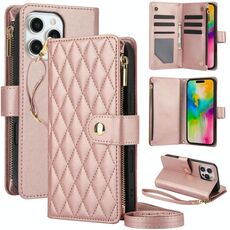 Per iPhone 16 Pro YM016 Custodia per telefono in pelle con cerniera rombica e cordino (oro rosa)