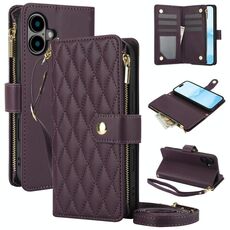 Per iPhone 16 Plus YM016 Custodia per telefono in pelle con cerniera rombica e cordino (viola scuro)