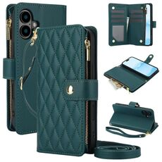 Per iPhone 16 Plus YM016 Custodia per telefono in pelle con cerniera rombica e cordino (verde)