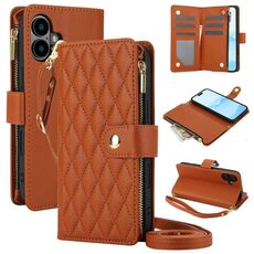 Per iPhone 16 Plus YM016 Custodia per telefono in pelle con cerniera rombica e cordino (marrone)