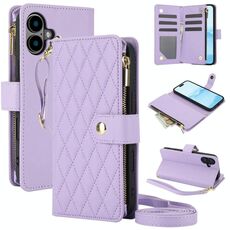 Per iPhone 16 Plus YM016 Custodia per telefono in pelle con cerniera rombica e cordino (viola chiaro)